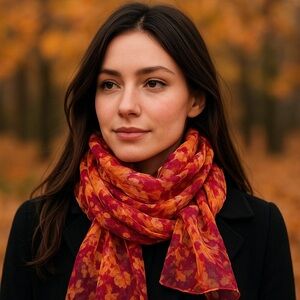 Vintage 100% Silk Floral Scarf 20” x 58” – Sheer Red Orange Autumn Tones